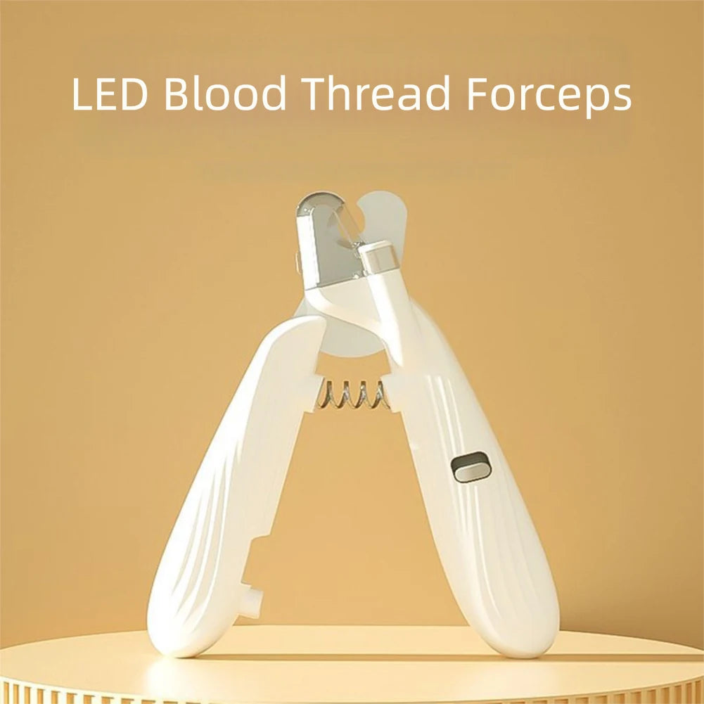 A white LED blood thread forceps tool is shown against a beige background.