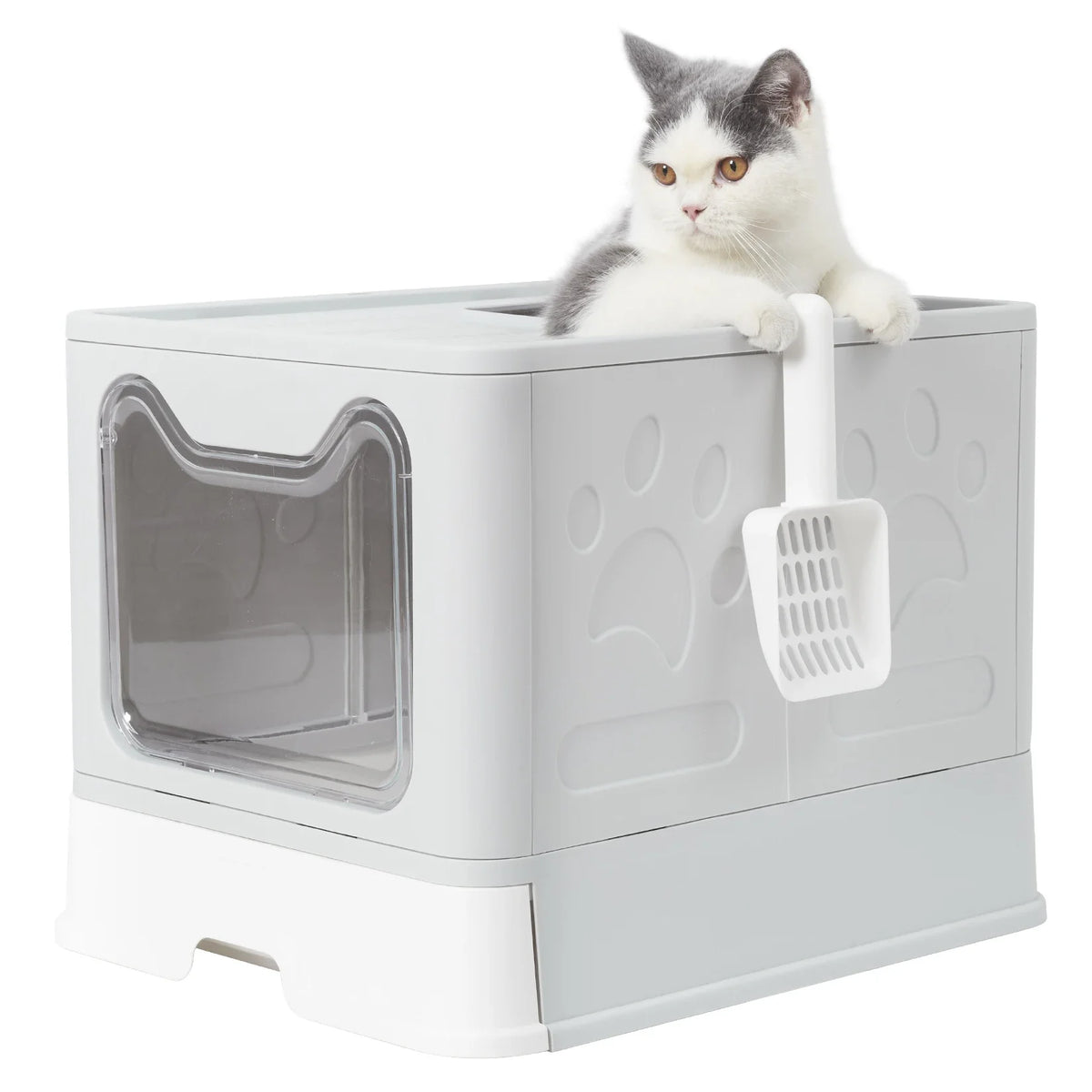 Foldable Cat Litter Box with Front Entry, Top Exit, and Drawer Tray