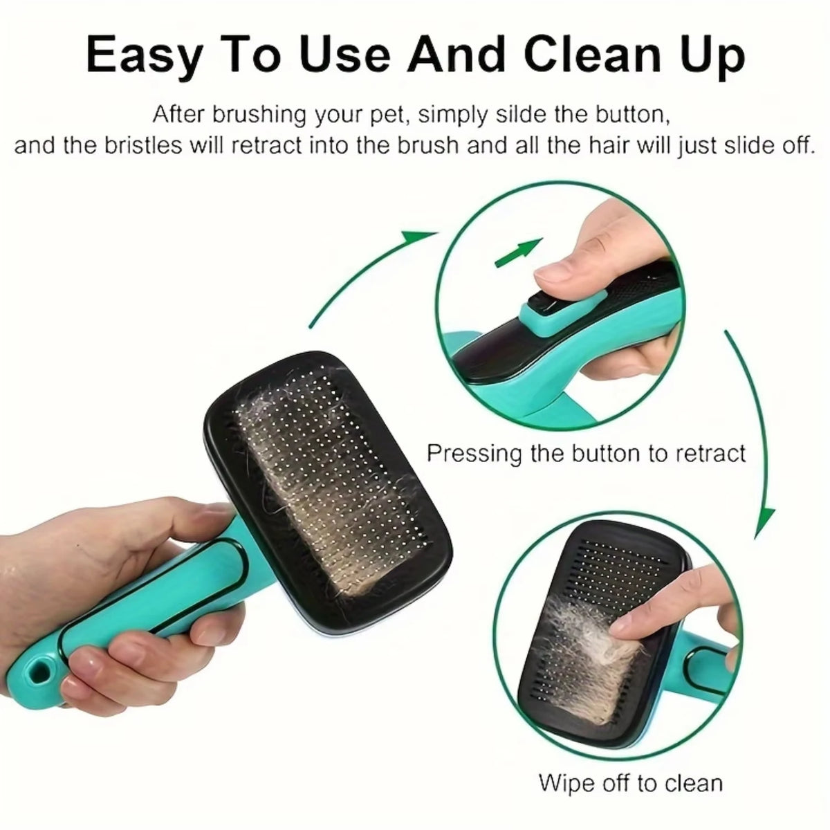 Une main montre comment utiliser un peigne auto-nettoyant en appuyant sur un bouton pour rétracter les poils et retirer les c