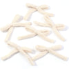 A set of six handmade knitted cotton bows in a light cream color