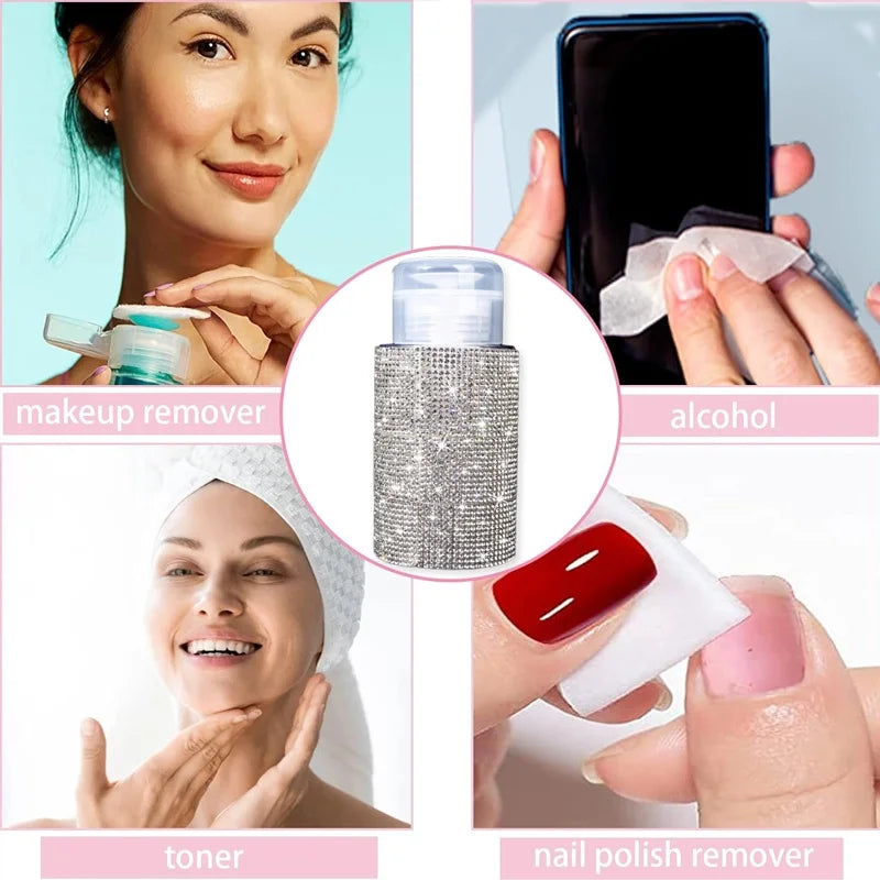 A collage showing a refillable diamond design pump bottle for nail polish remover and makeup, along with related products lik