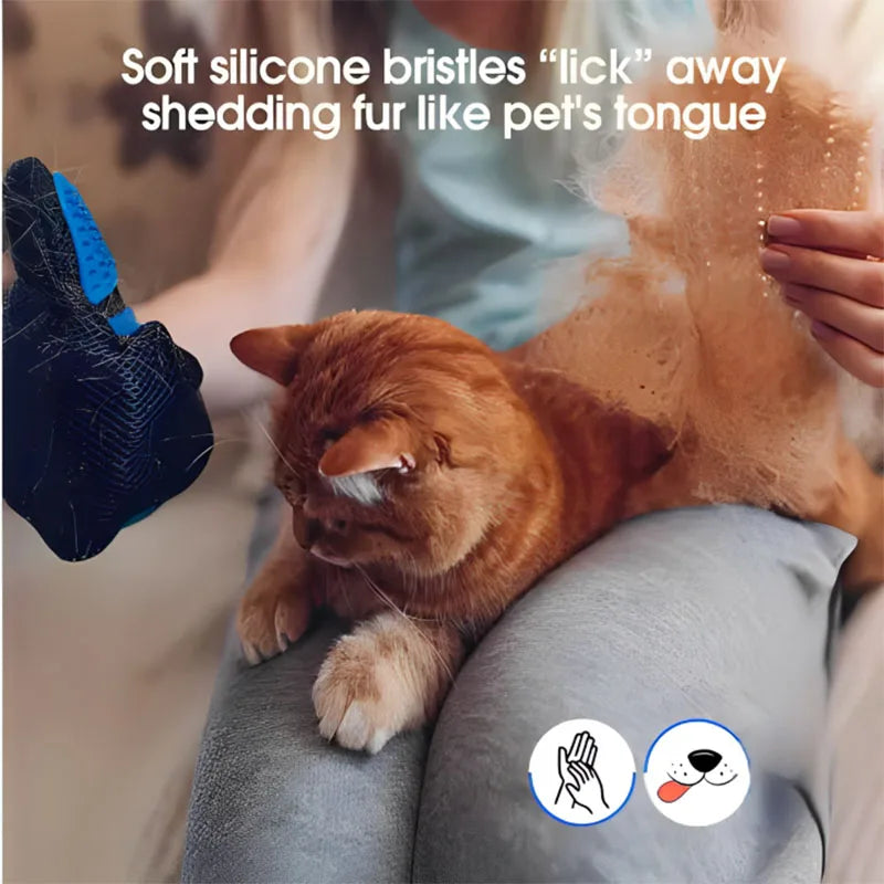 A person is using a black silicone grooming glove to gently de-shed a small orange kitten.