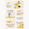 A yellow multi-layer filtration pet drinking fountain demonstrating features like 1500mL capacity and 360-degree drinking.