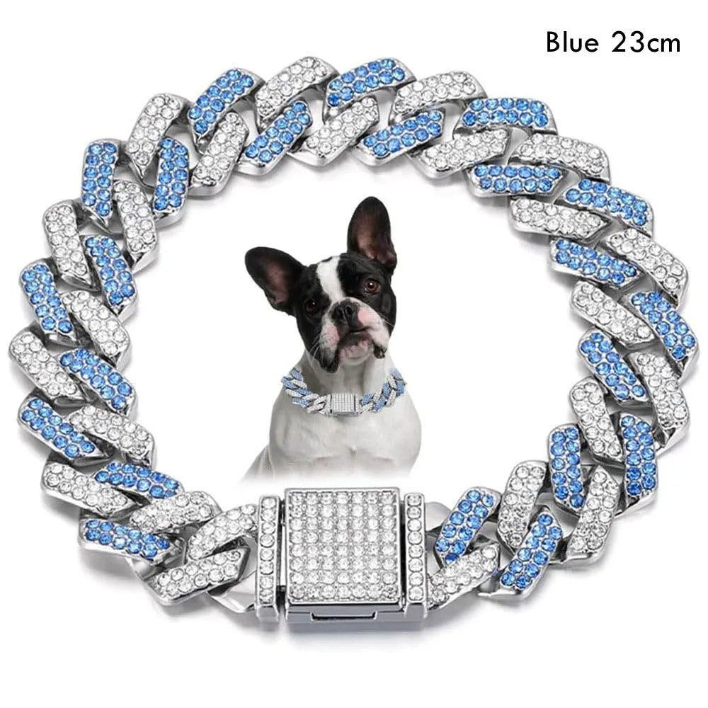 Silberner Diamantketten-Halsband für Hund mit blauen Akzenten, getragen von einem Hund.