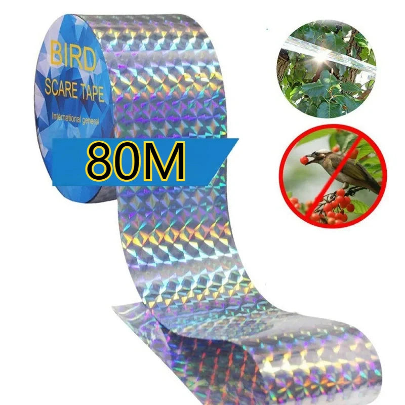 Roll of reflective bird scare tape with a close-up view of birds on foliage