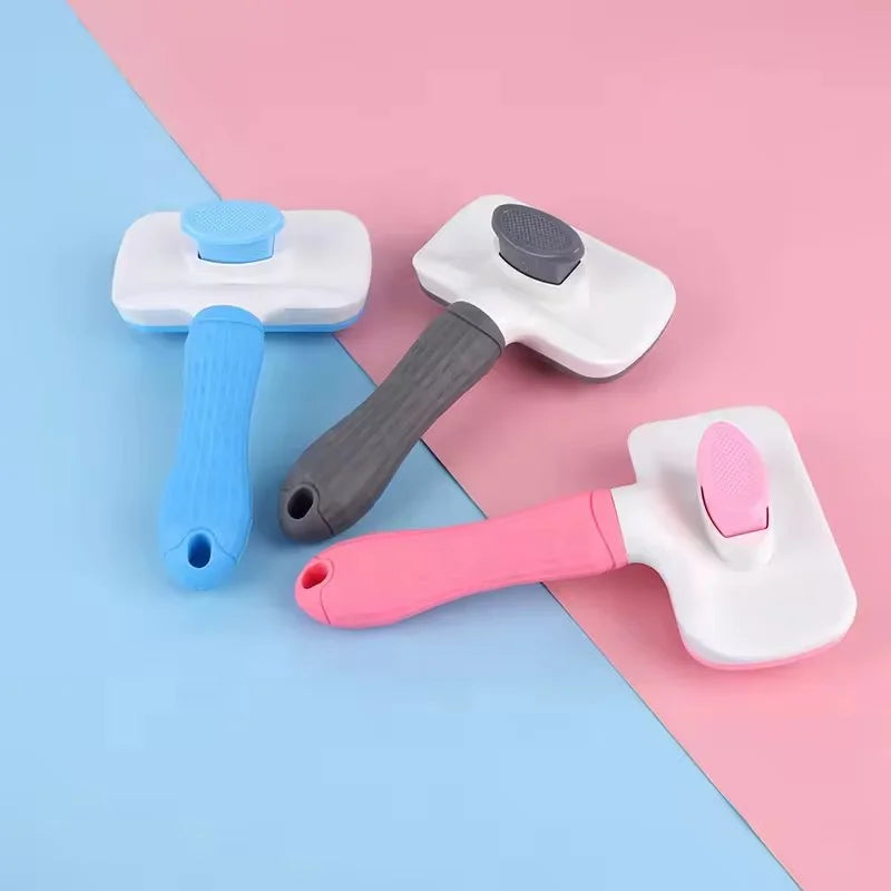 A pink and white pet slicker brush for dogs and cats is shown on a light blue and pink background.