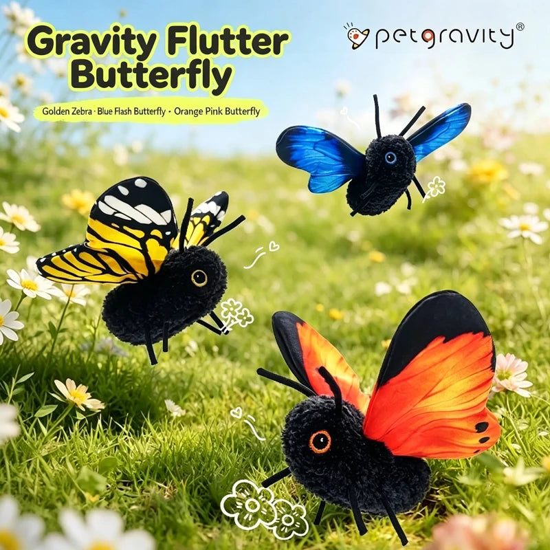 A black butterfly is shown flying over green grass with yellow and white flowers.