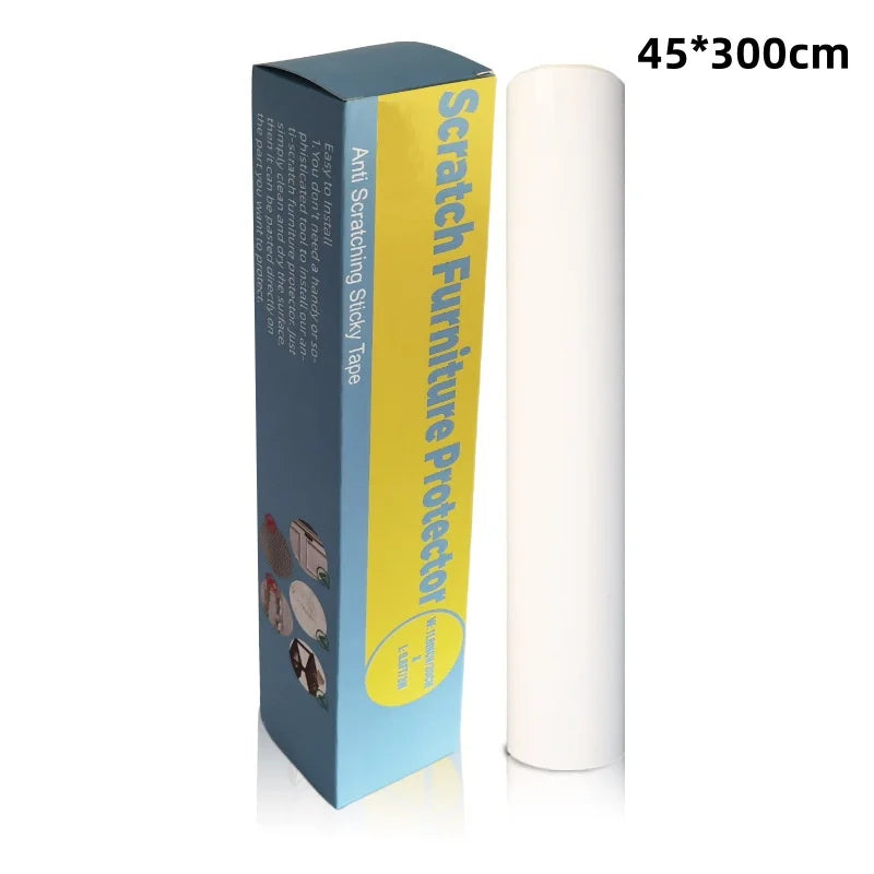 Rouleau de ruban adhésif protecteur anti-rayures pour meubles, en boîte bleue et rouleau blanc.