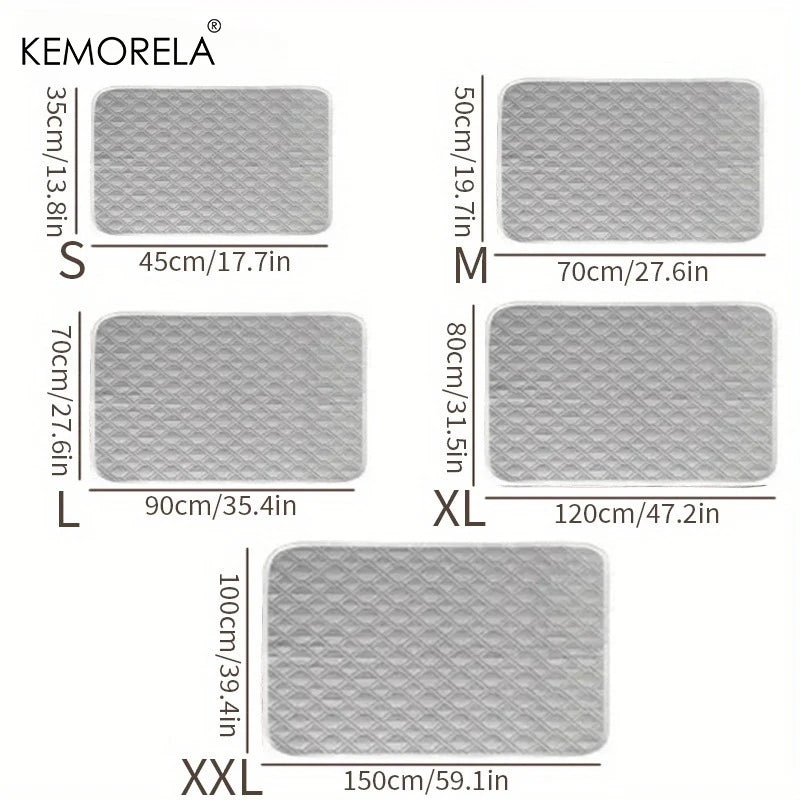 Graphique montrant différentes tailles de tapis d'entraînement réutilisables pour animaux : S, M, L, XL et XXL avec leurs dim