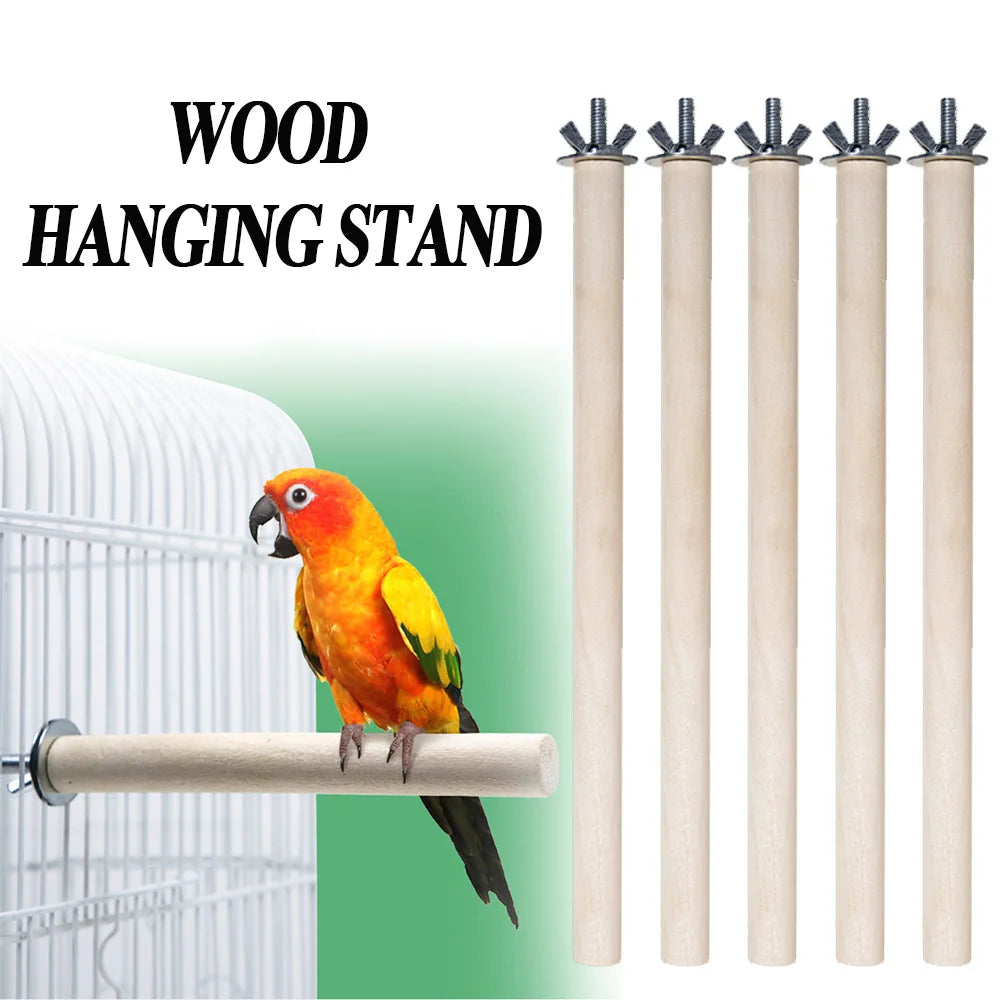 Five natural wood hanging stands with metal hooks for a parrot cage.