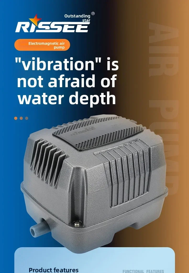 A gray RISSEE electromagnetic air pump is shown against a blue background with text promoting its vibration resistance.