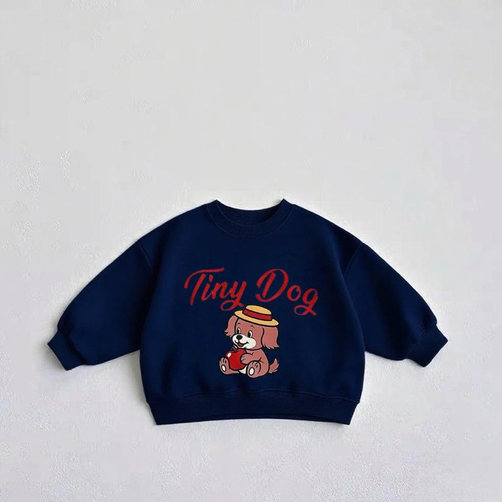 Sudadera azul marino con texto bordado 'Tiny Dog' rosa y diseño de perro de dibujos animados en el pecho