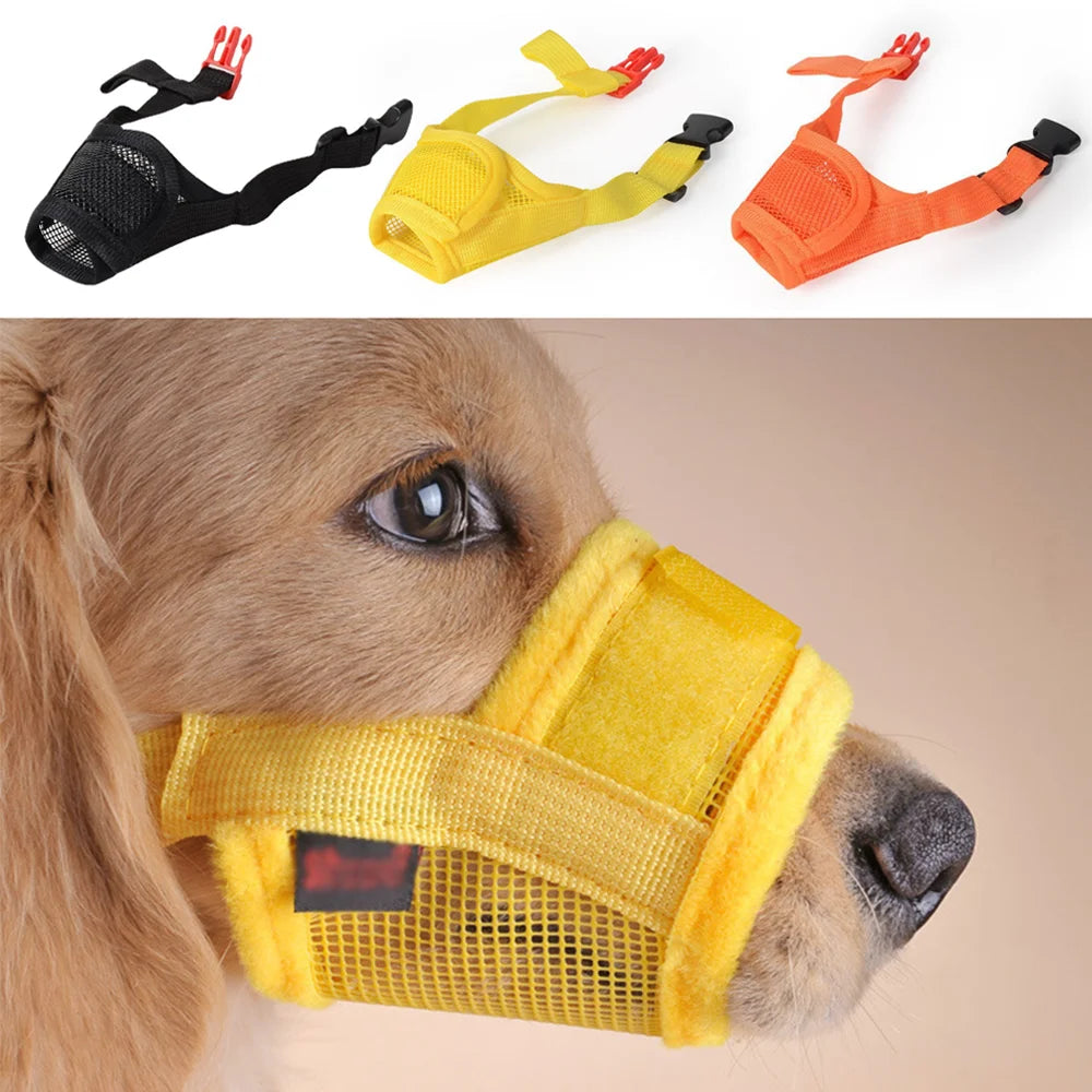 Three colors of adjustable breathable dog muzzle shown next to a dog wearing a yellow muzzle.