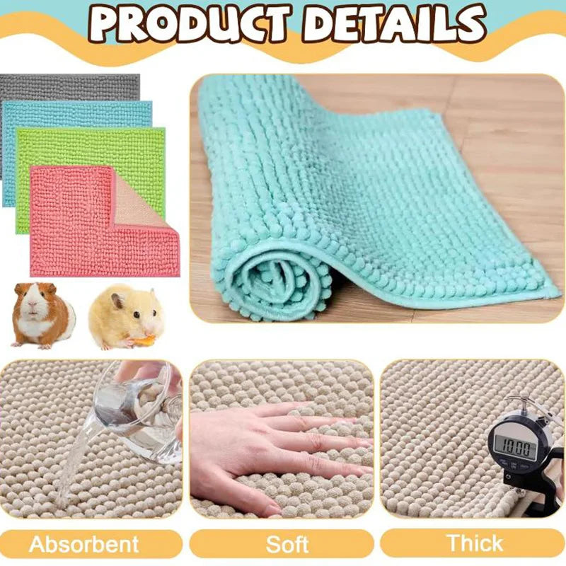 A teal knitted pet mat is shown next to a small animal, with labels indicating the product is absorbent, soft, and thick.