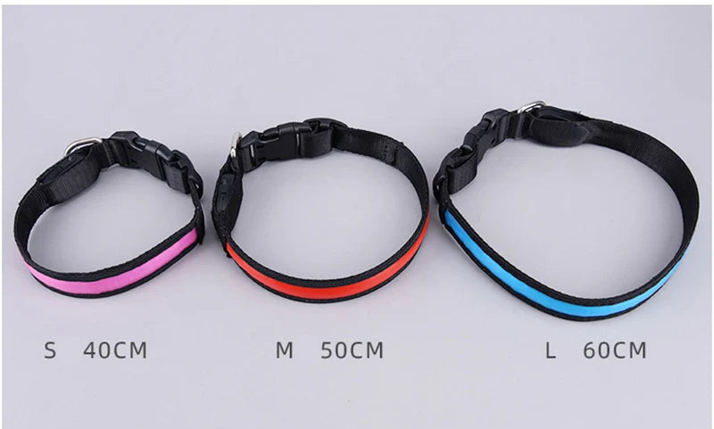 Three sizes of black dog collars labeled S 40cm, M 50cm, and L 60cm with colored accents.