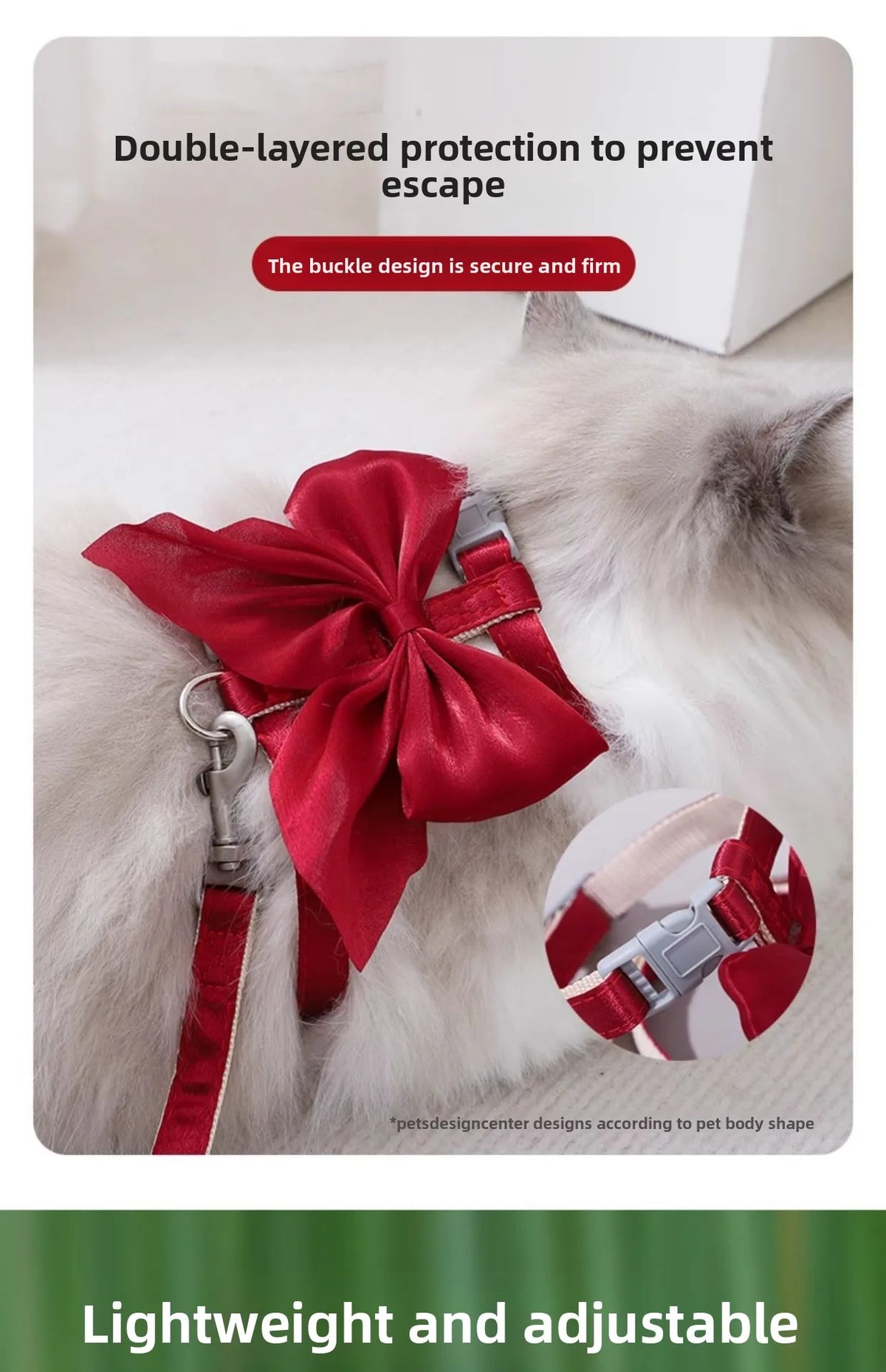 A red bow-detailed, double-layered cat harness and leash set is shown on a light gray cat.