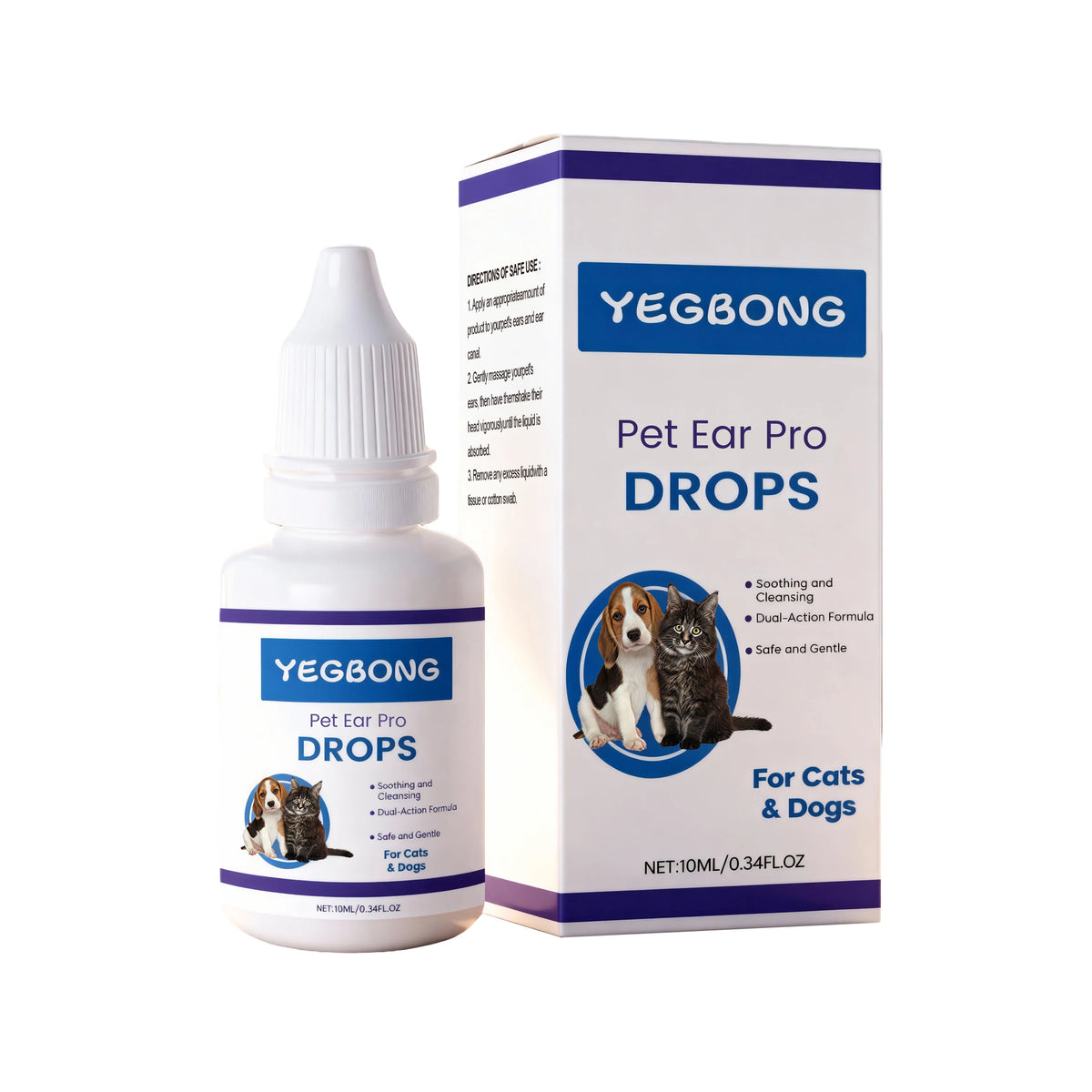 A bottle of Yegbong Pet Ear Drops for cats and dogs with a white dropper and a box.