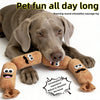A gray dog toy shaped like a sausage, used for pet fun all day long.