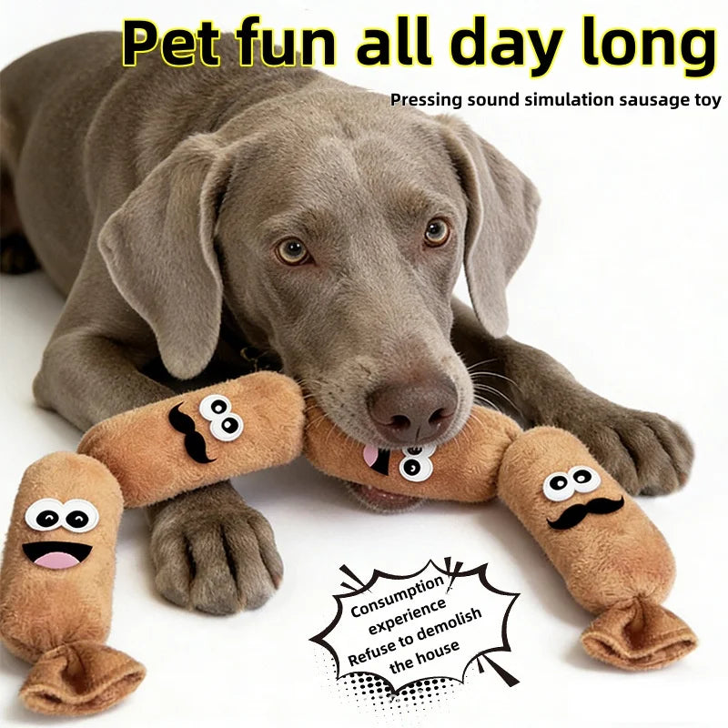 A gray dog toy shaped like a sausage, used for pet fun all day long.