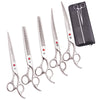 A set of professional stainless steel pet grooming scissors and a black case.