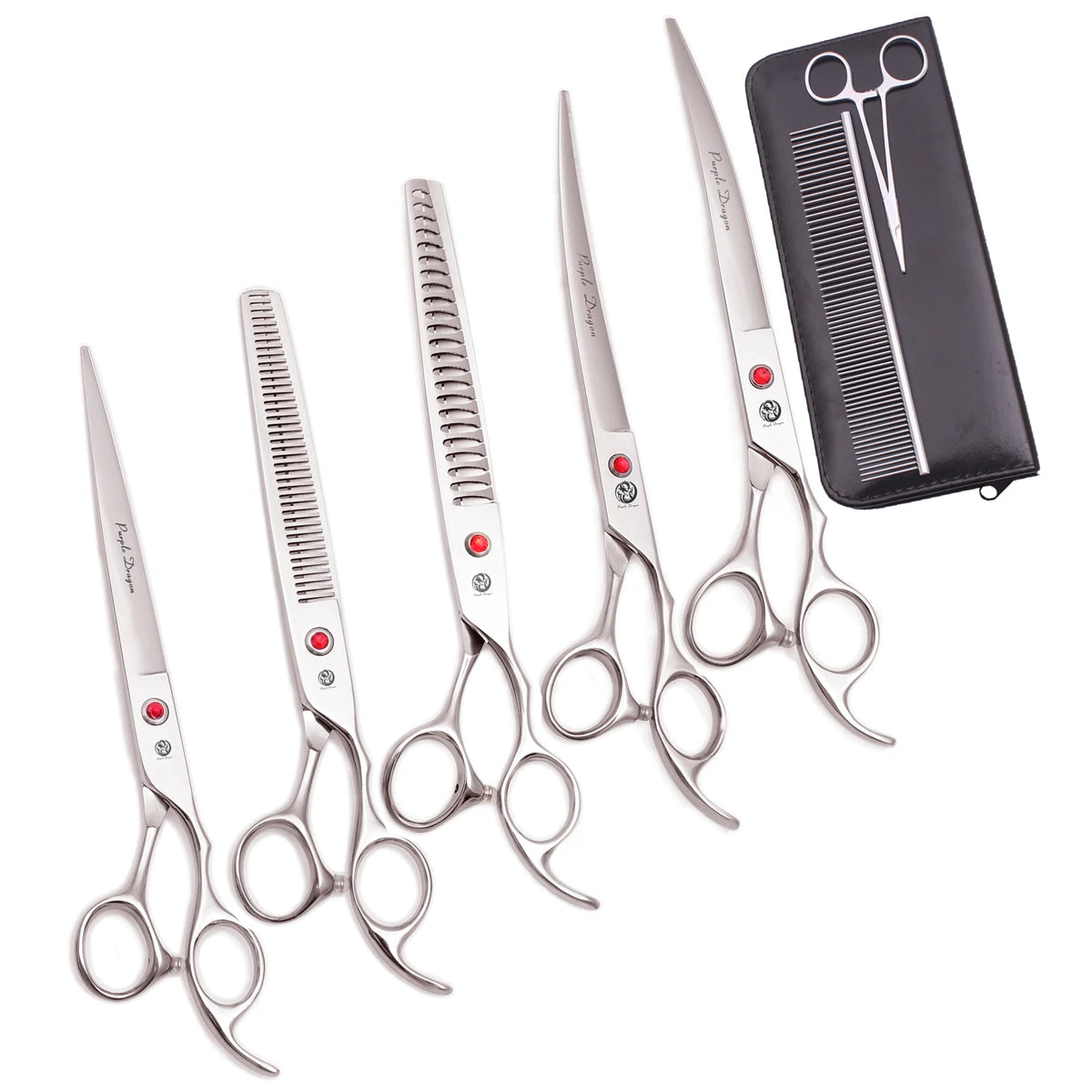 A set of professional stainless steel pet grooming scissors and a black case.
