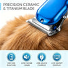 Blue precision ceramic and titanium blade pet hair clipper grooming kit shown on a golden-brown fur coat.