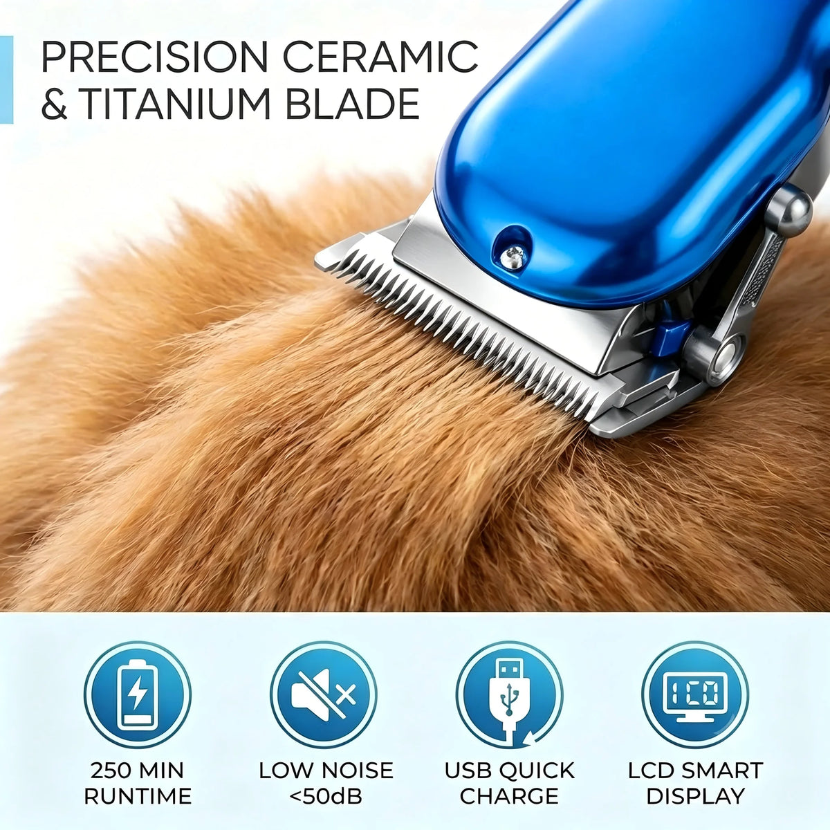 Blue precision ceramic and titanium blade pet hair clipper grooming kit shown on a golden-brown fur coat.
