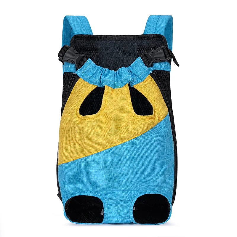 A blue and yellow breathable mesh pet carrier backpack with black trim and straps.