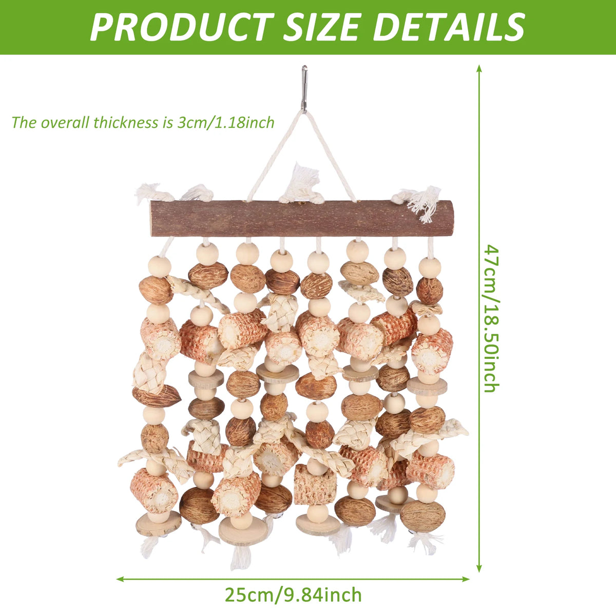 A hanging natural wood parrot chewing and climbing toy with multiple wooden beads.