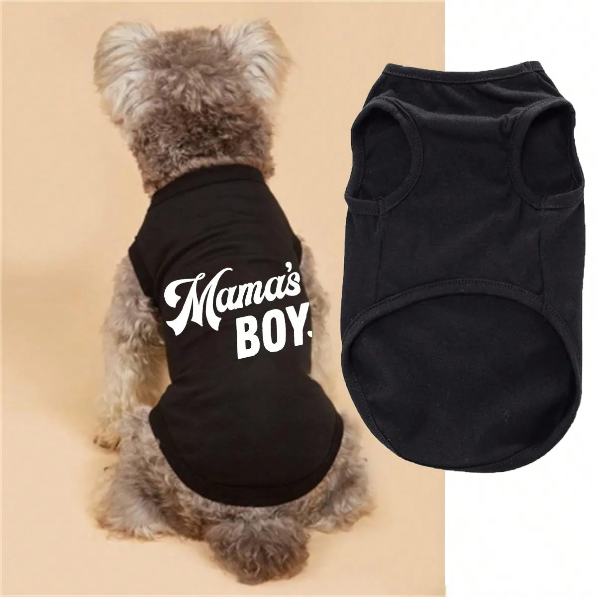 A black pet vest with white text reading Mama's Boy is shown next to a gray fluffy dog.