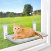 Orangegestreifter Kater entspannt in einer grauen Fenster-Schaukel mit Saugnäpfen.