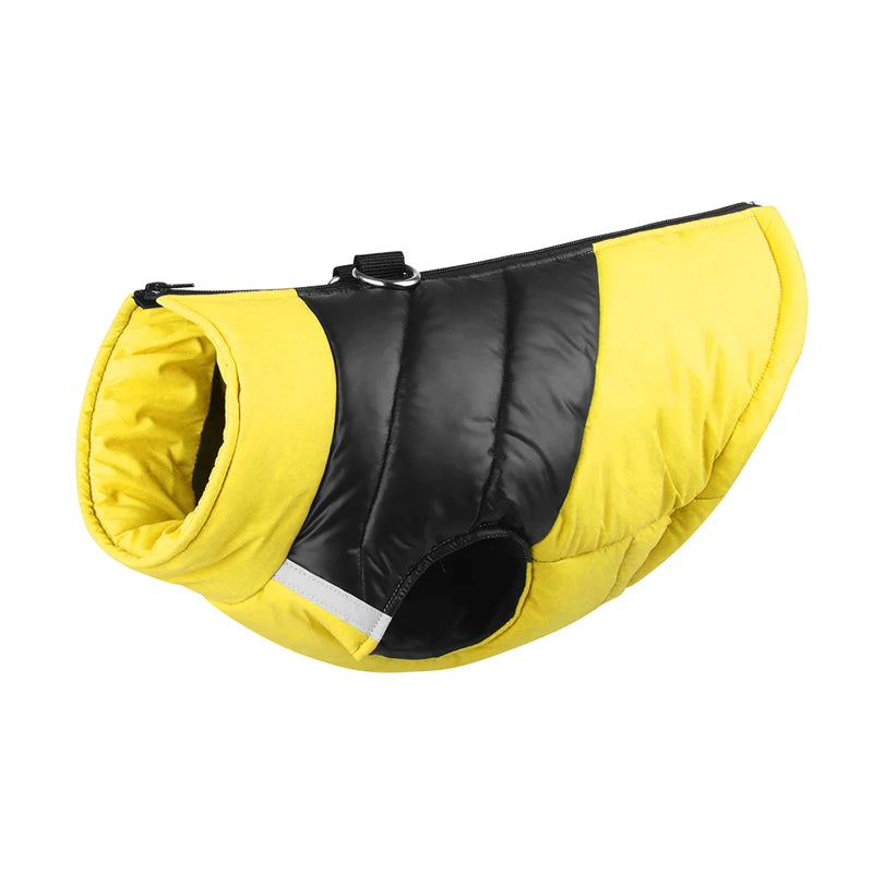 Yellow and black padded dog jacket with a cutout for the head