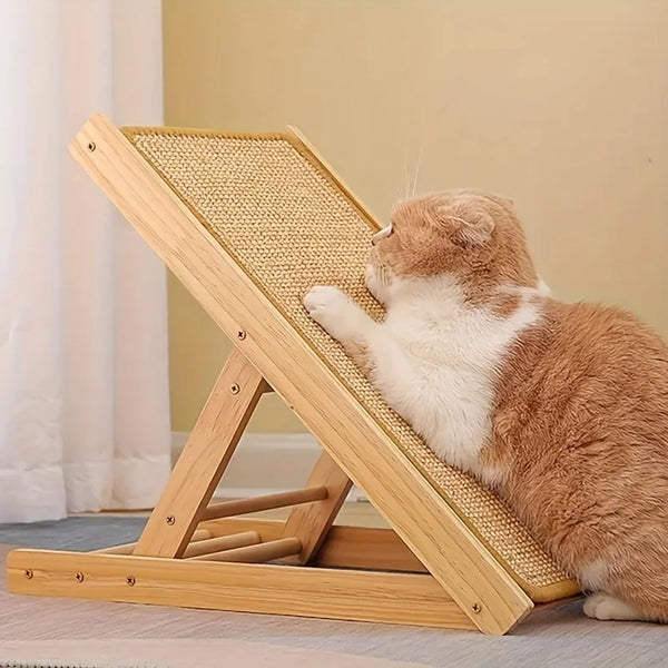 A fluffy orange and white cat is relaxing on a wooden scratching board made with natural sisal rope.