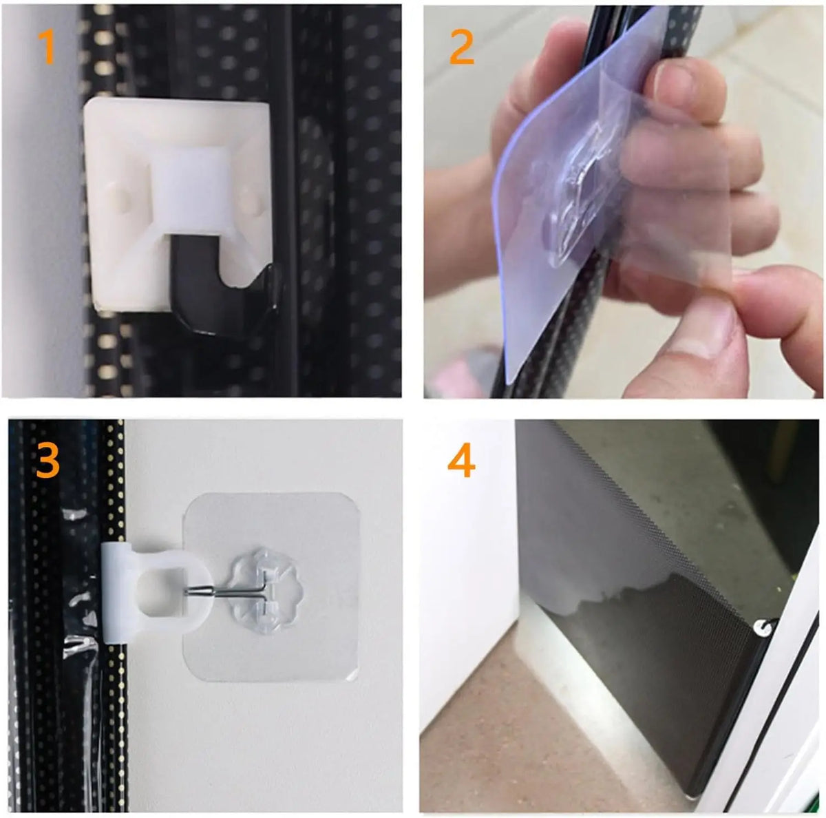 Vier Bilder einer ausziehbaren Tiergatter-Mechanik für Türen und Treppen.