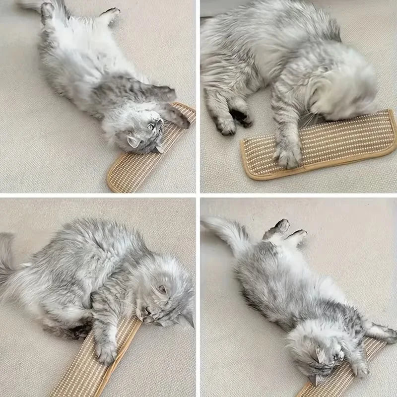 Three images showing a fluffy gray and white kitten resting on sisal mats for play or comfort.