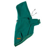 A teal green fleece dog hoodie for small and medium breeds with a zipper and drawstrings.