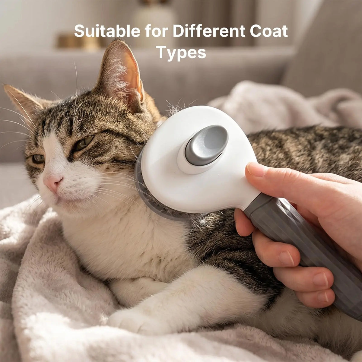 A hand is using a white pet hair brush on a cat lying on a blanket.