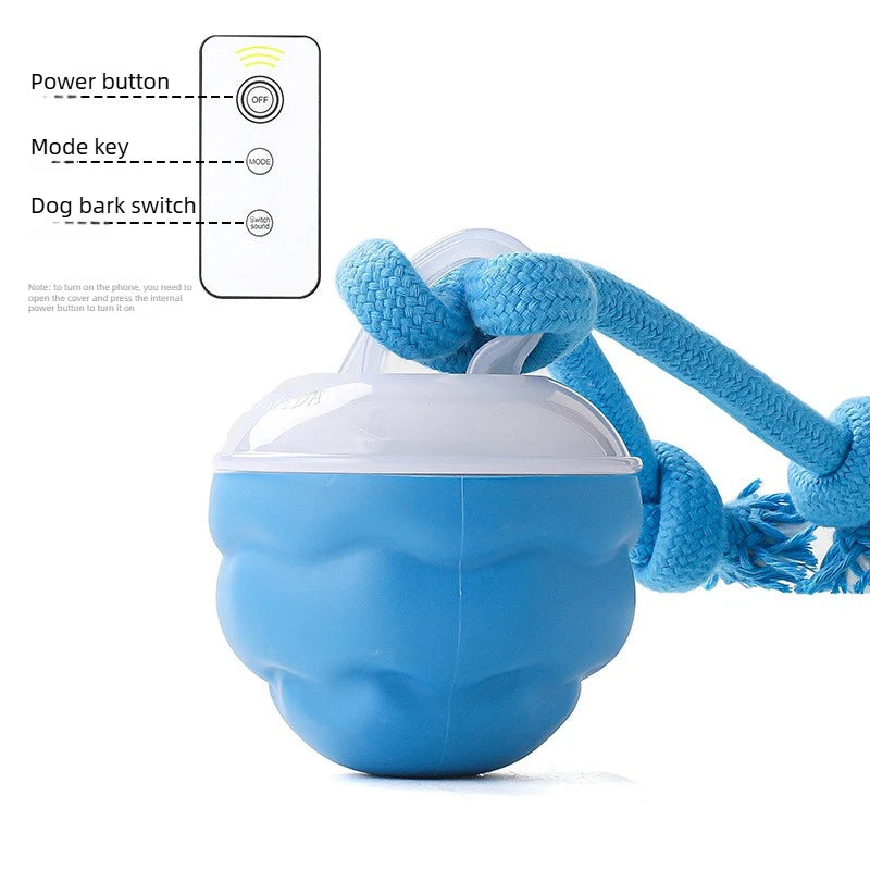 A blue interactive rolling dog ball toy with ropes and various modes shown next to its control buttons.