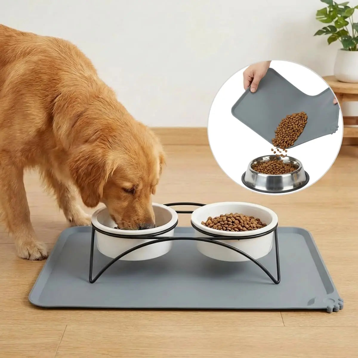 A brown dog is eating from a silicone pet feeding mat, which features raised edges and a non-slip grip.