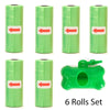 A set of six green reusable pet poop bag dispensers with leash clips.