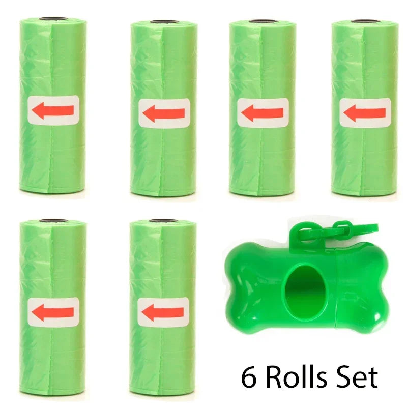 A set of six green reusable pet poop bag dispensers with leash clips.
