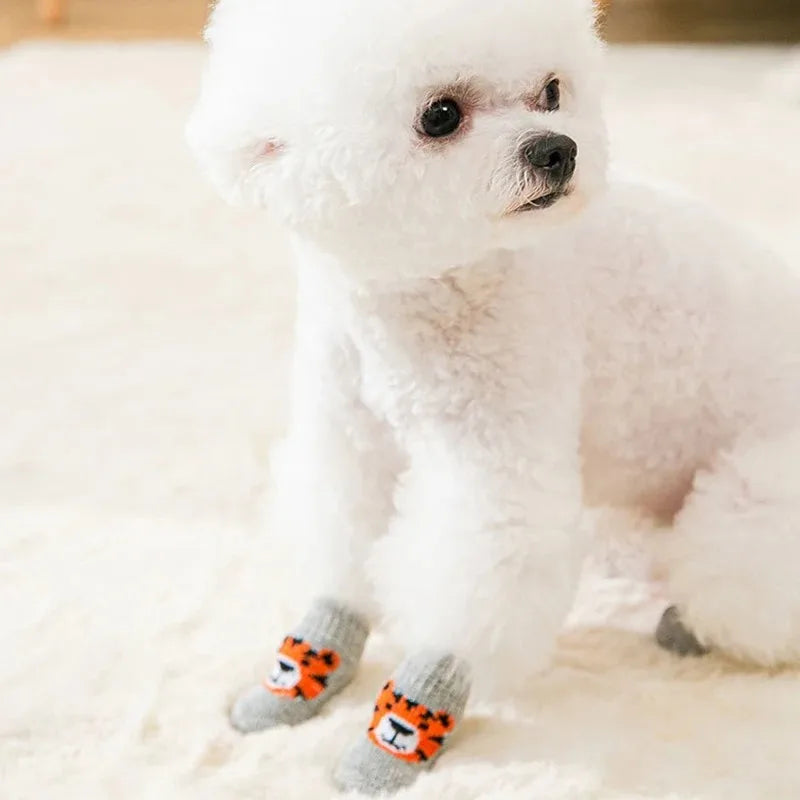 Cozy Knit Pet Socks with Anti-Slip Sole – Tiger Design, 4-Pack
