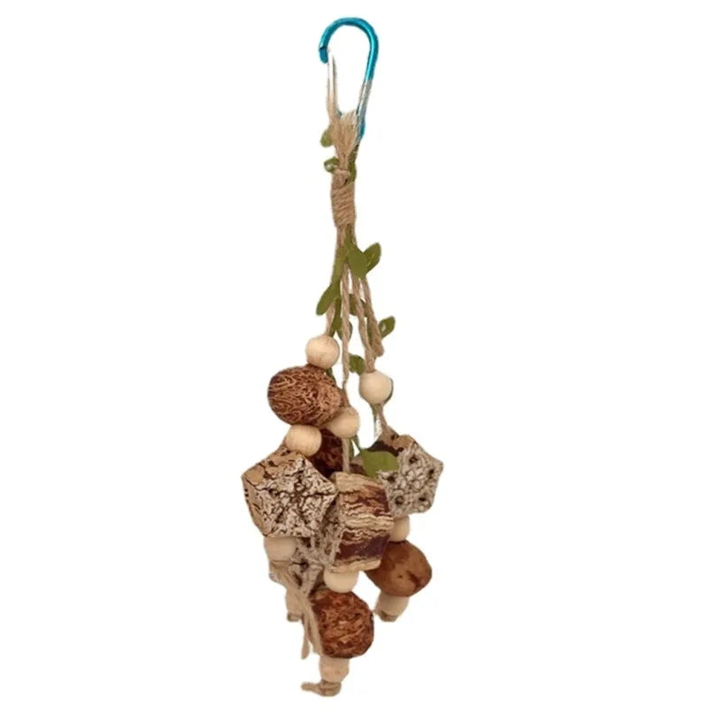 Stainless steel parrot chew toy featuring accent cups made of natural materials.