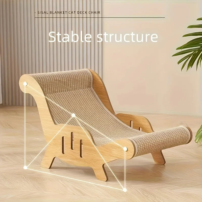 A wooden cat deck chair or scratcher pad with a woven fabric surface shown in a light wood tone.