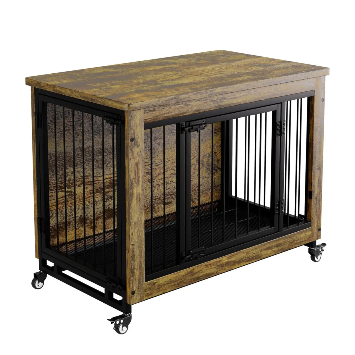 Wooden Dog Crate Furniture with 3 Doors and Locking Wheels