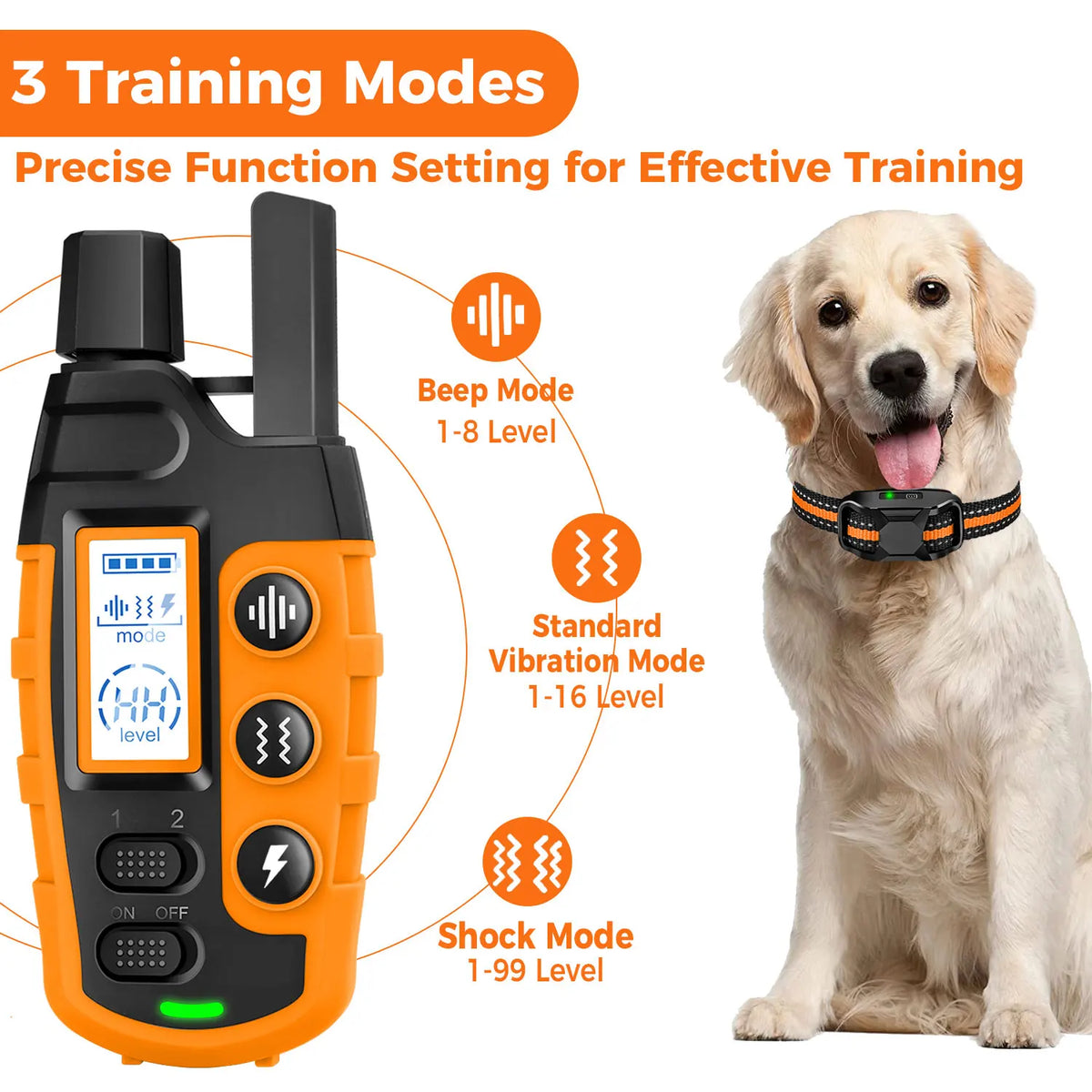 Collar de entrenamiento eléctrico naranja para perro con tres modos: pitido, vibración estándar y choque.