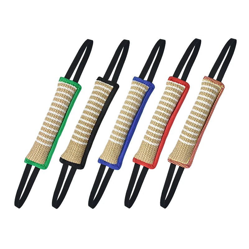 A set of natural jute tug toys with dual handles for dogs in green, beige, blue, and red.