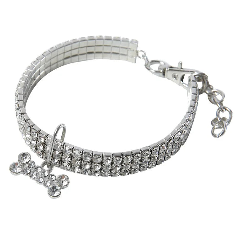 Silver crystal rhinestone dog collar with a quick release buckle.
