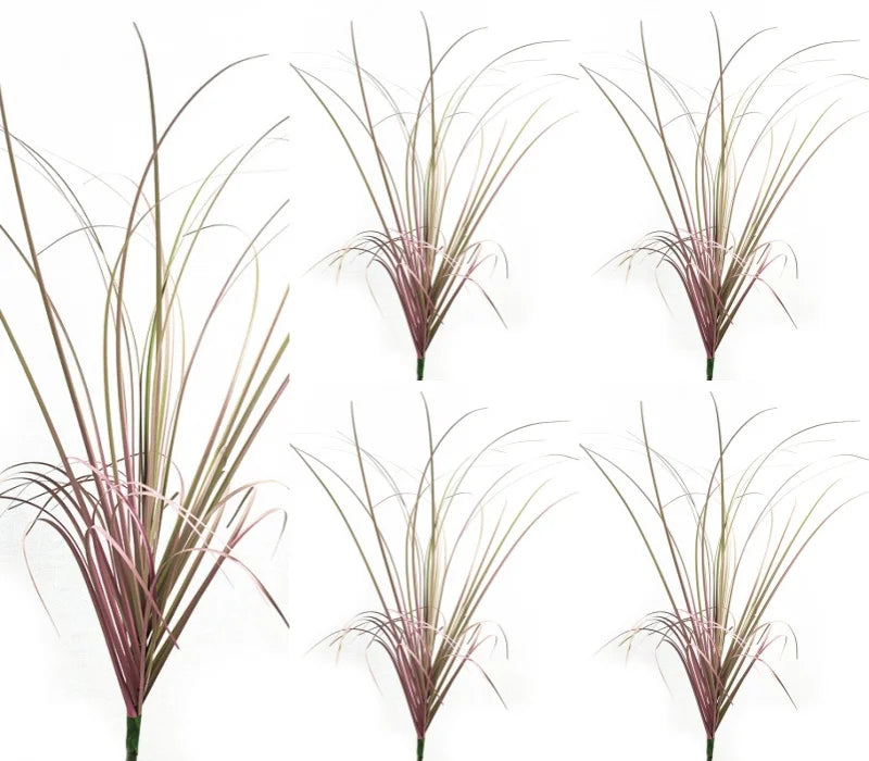 Four close-up views of dried ornamental grass decoration in shades of pink and green.