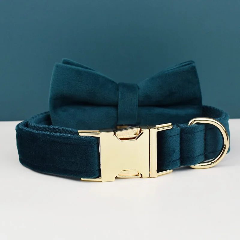 Set de collar, correa y arnés de terciopelo verde azulado oscuro con hebilla dorada.